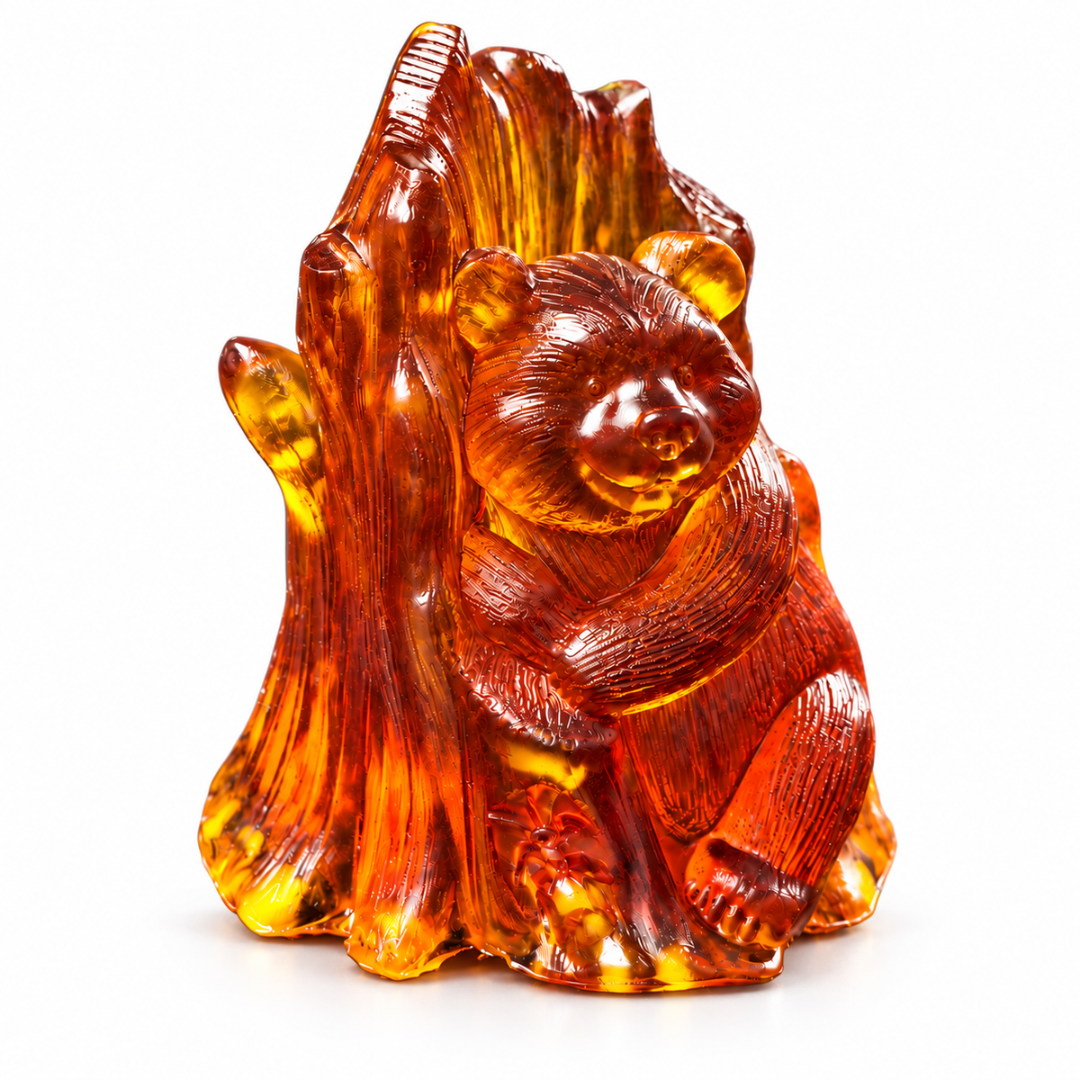 Cognac Baltic amber bear embracing a tree, isolated on white with detailed fur, textured bark and translucent golden edges.