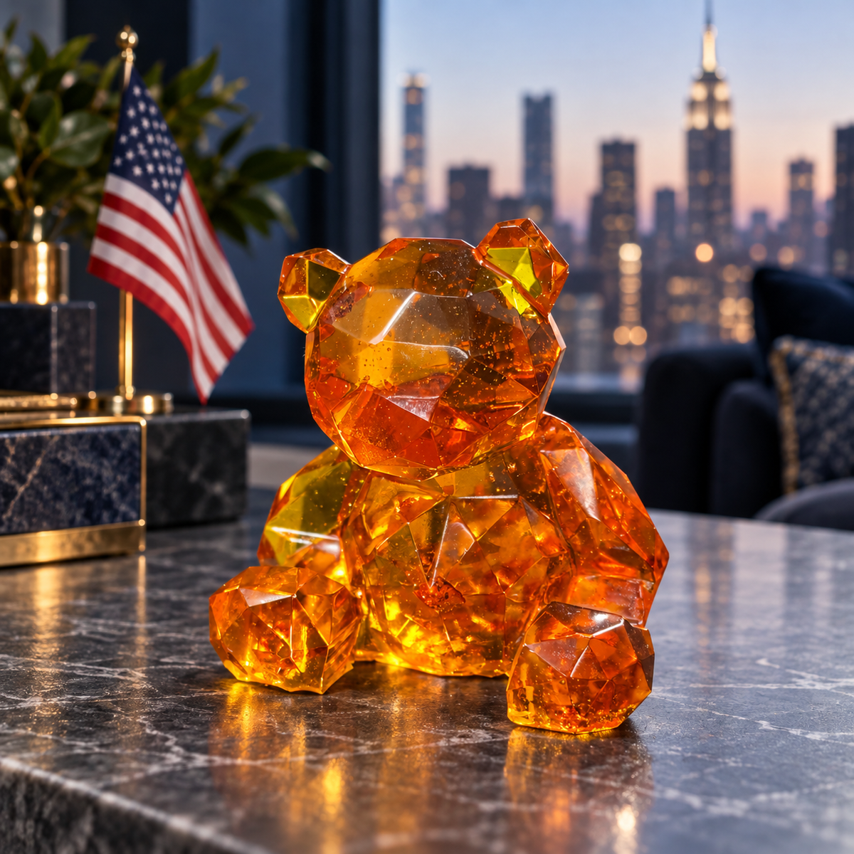 Geometric amber bear on a gray stone console with an American desk flag, navy furnishings and a softly blurred Manhattan skyline.