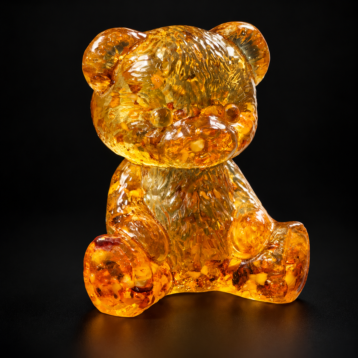Seated honey amber teddy bear with rounded ears and textured fur, illuminated against a black studio background.