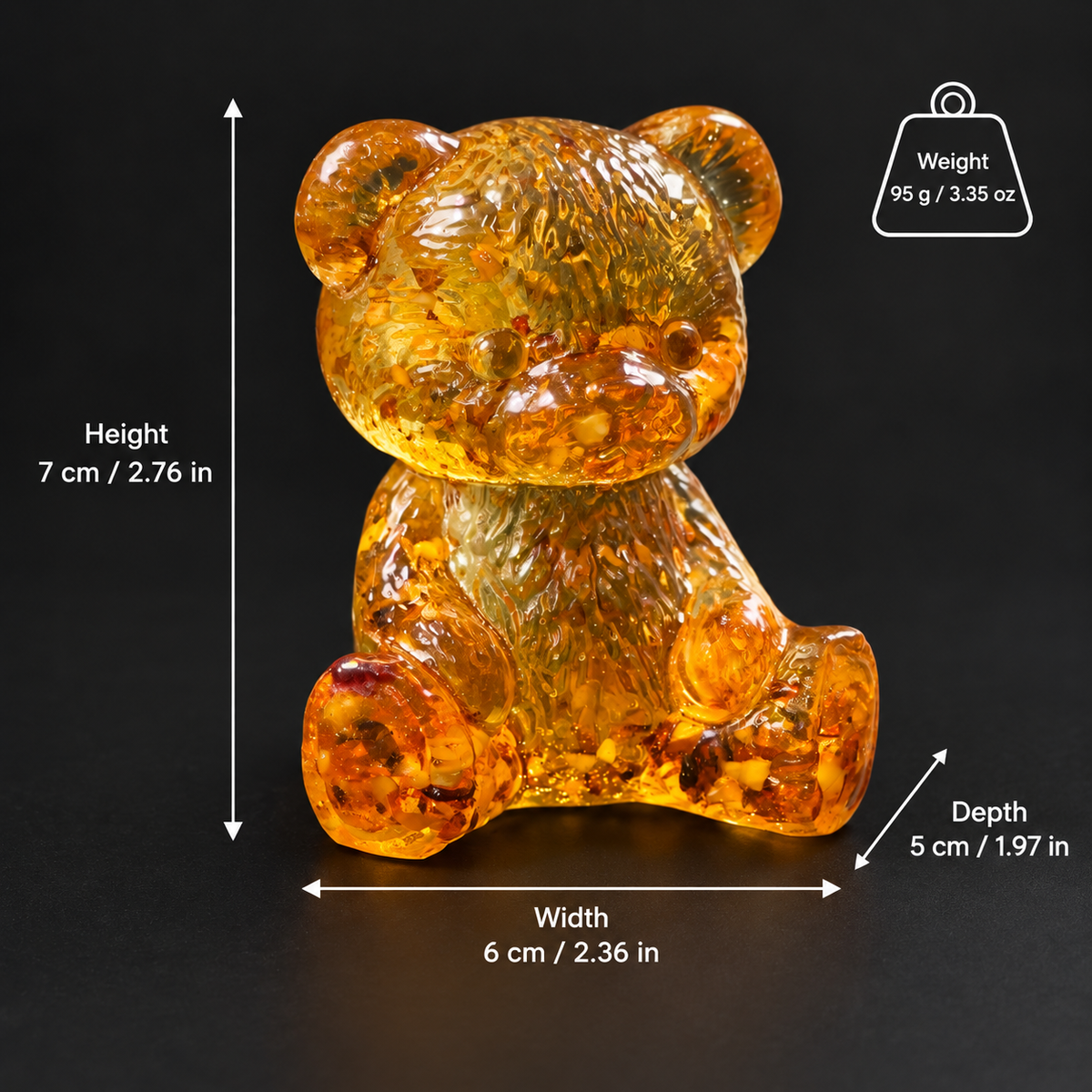 Amber teddy bear with labels showing height 7 cm, width 6 cm, depth 5 cm and weight 95 g, with inch and ounce conversions.