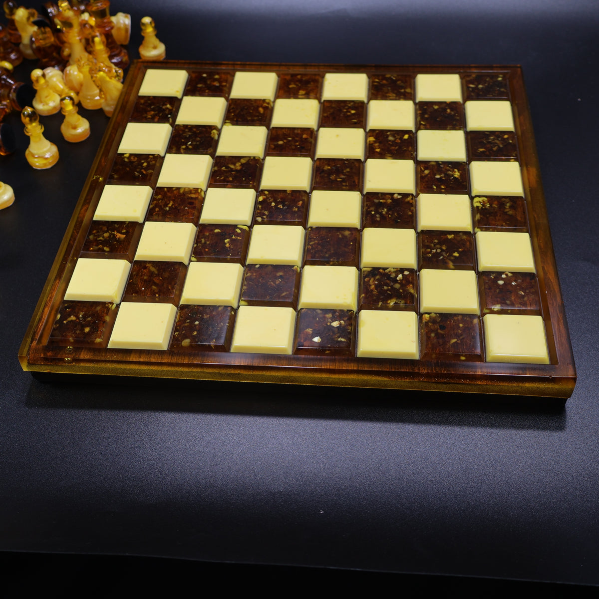 Handmade Baltic amber chess board detail, genuine amber inclusions in each square, Brooklyn New York KIZIMA