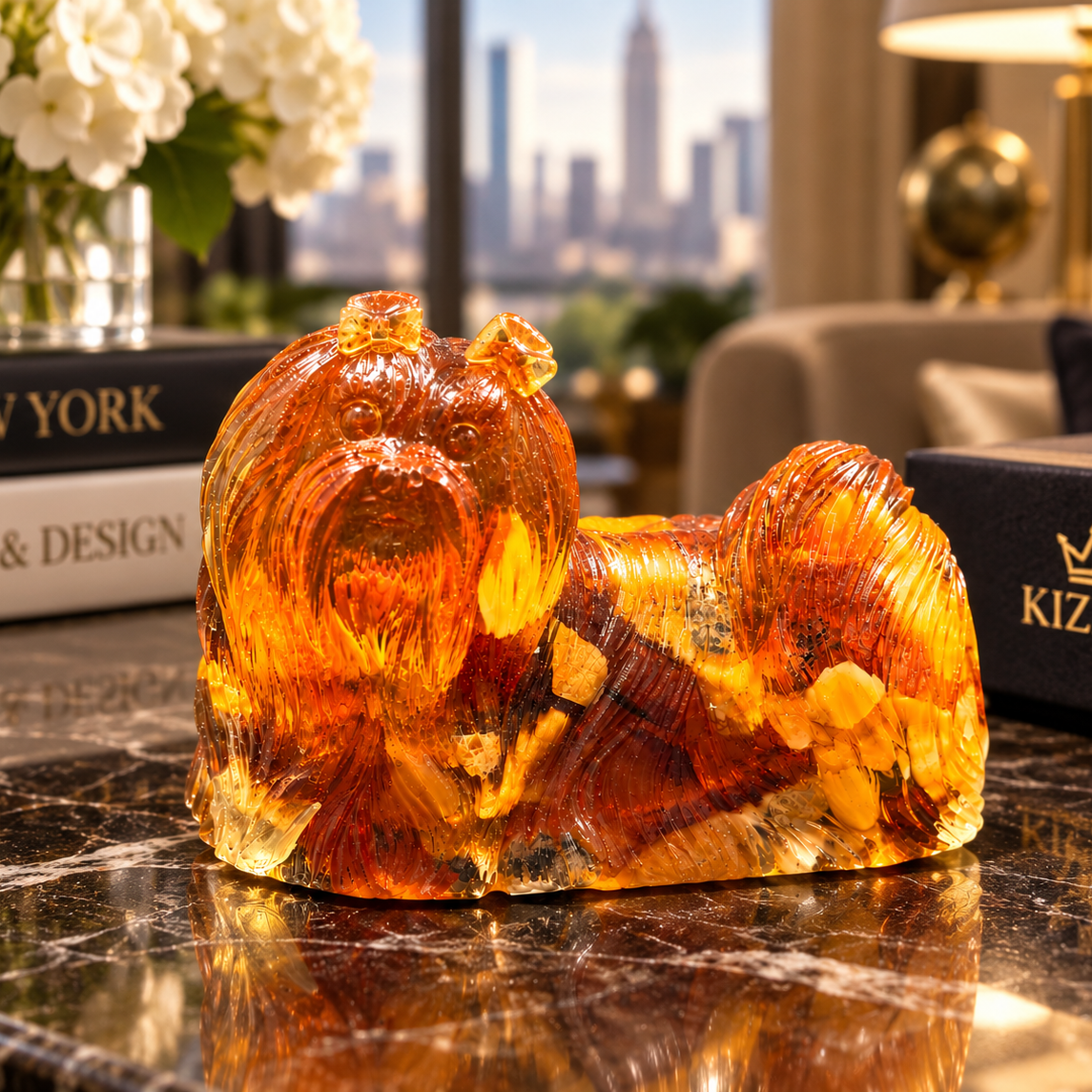 Made in USA natural Baltic amber standing Yorkshire Terrier figurine as desk decor on a marble console with Manhattan skyline — Yorkie lover gift by KIZIMA® Brooklyn NY