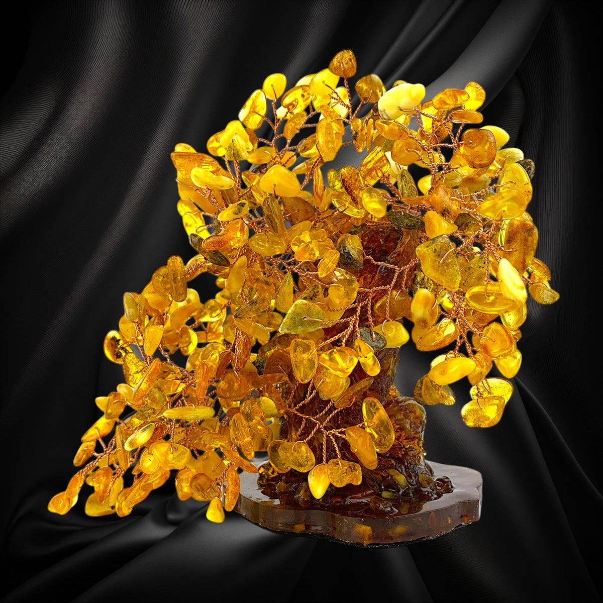 KIZIMA® amber branch money tree — genuine Baltic amber decor, made in USA, angled view