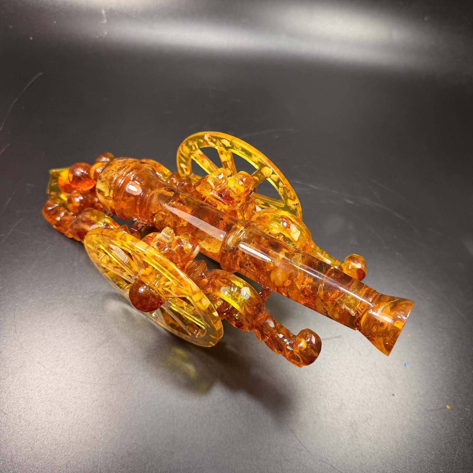 Genuine Baltic amber artillery cannon sculpture by KIZIMA — collectible art, Made in USA