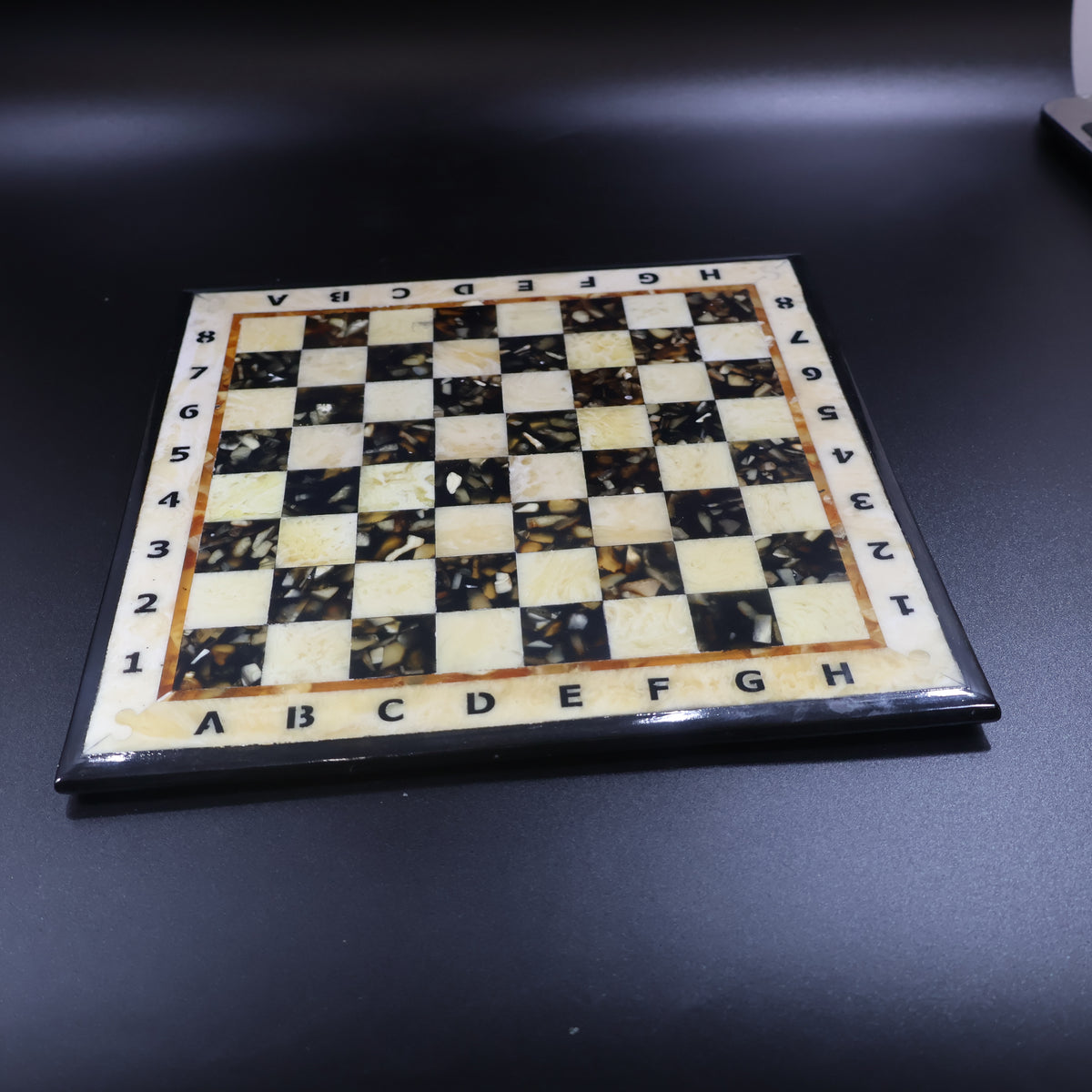 Baltic amber chess board 26 cm with dark wood frame and coordinates, handmade in Brooklyn New York KIZIMA