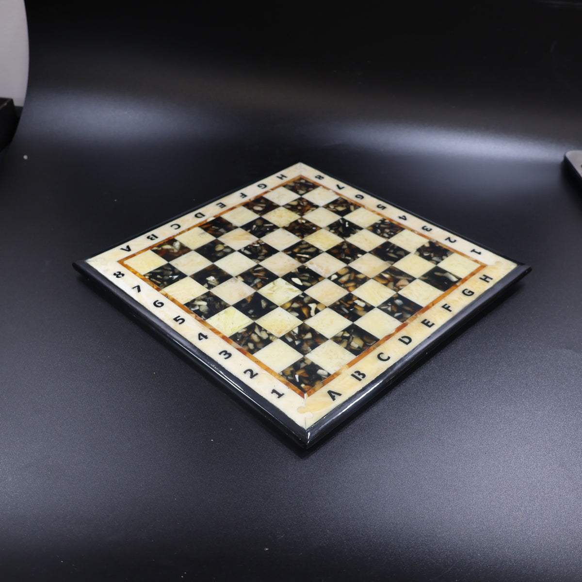Made in USA natural Baltic amber chess board with wood inlay, 64 amber squares in honey and cognac tones, KIZIMA