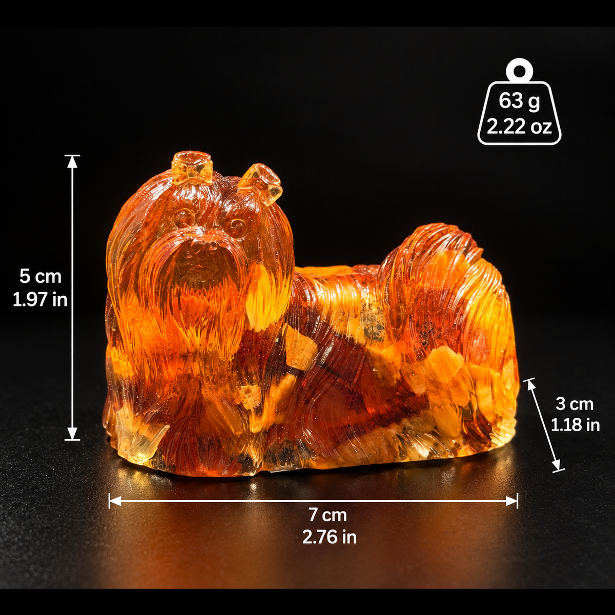 Made in USA natural Baltic amber standing Yorkshire Terrier figurine size chart — 5 cm (1.97 in) tall, 7 cm (2.76 in) long, 3 cm (1.18 in) wide, 63 g (2.22 oz) — KIZIMA® Brooklyn NY