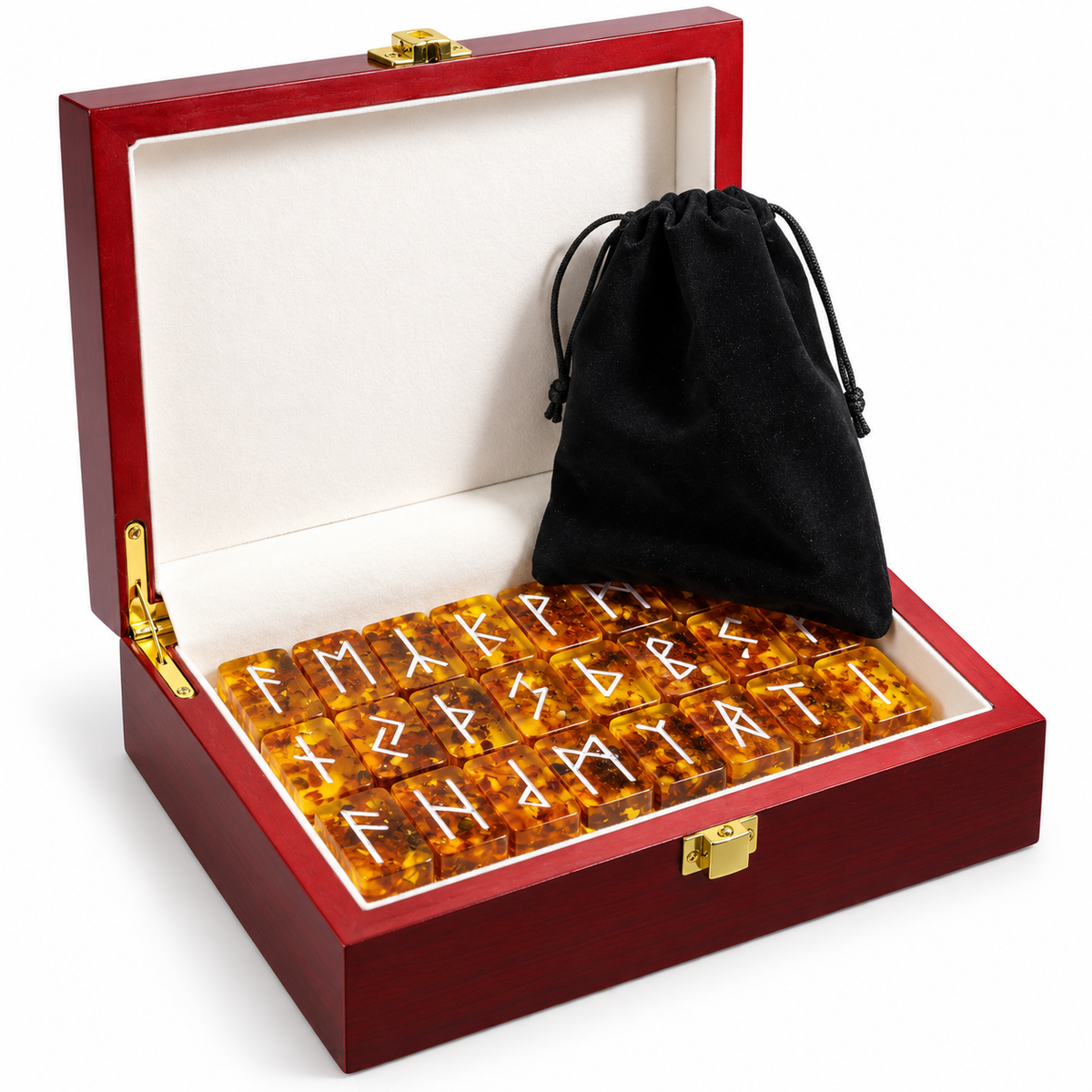Baltic Amber Rune Set by KIZIMA® — genuine natural Baltic amber divination runes, handmade in USA, angled view
