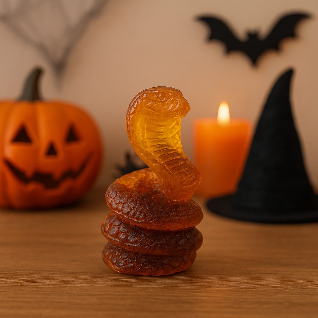 Amber Cobra Figurine – Handmade Baltic Amber Snake Sculpture – Halloween Decor
