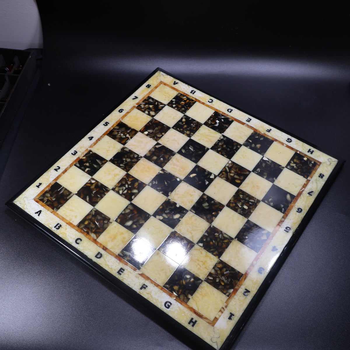 Large 37 cm Baltic amber chess board with wooden frame and lettered coordinates, luxury handmade board KIZIMA USA