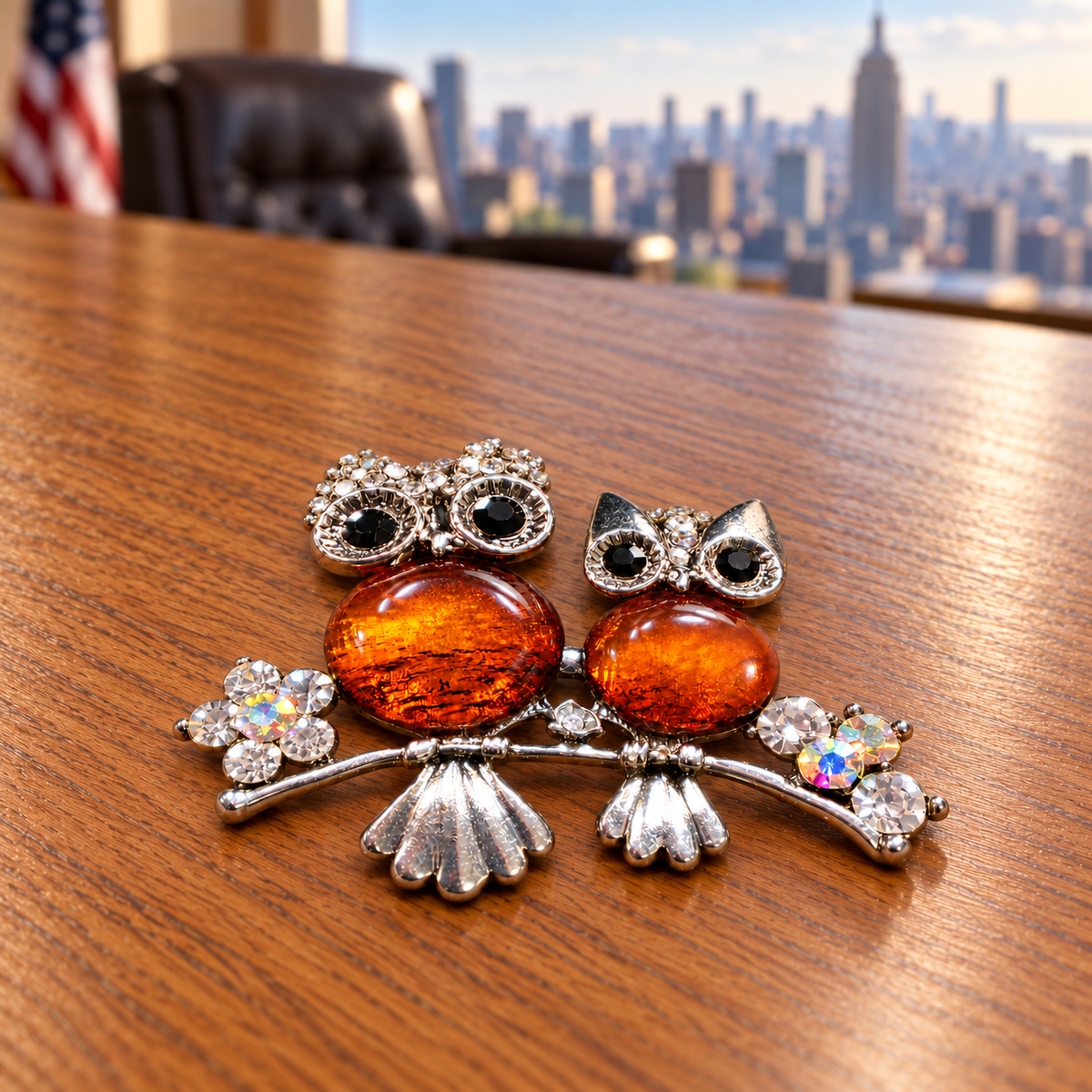 KIZIMA two amber owls on a branch brooch 20-202Q13-5-4-1, macro office still-life resting face-up on an oak desk with a softly blurred Manhattan office background.