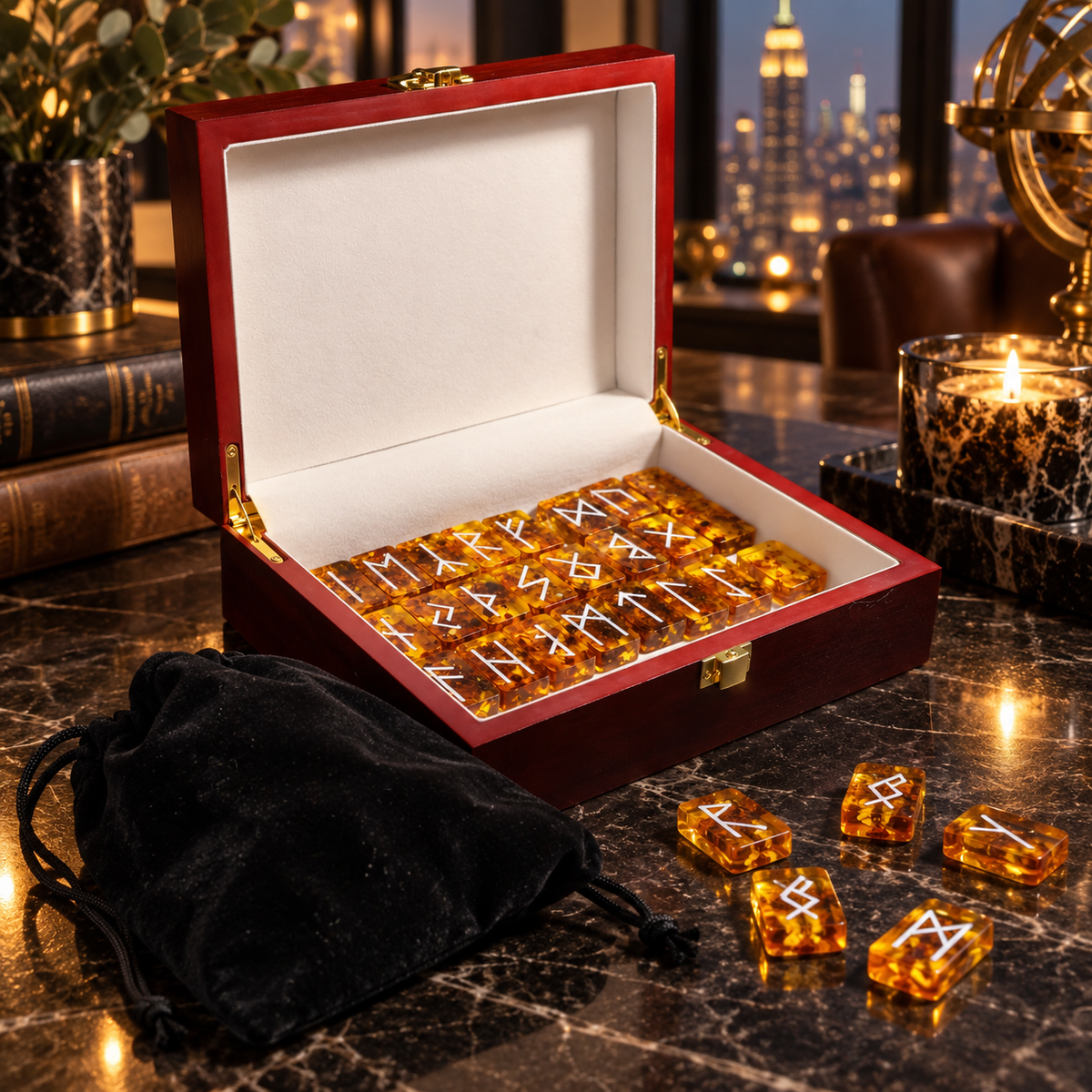 Baltic Amber Rune Set by KIZIMA® — genuine natural Baltic amber runes laid out, handmade in USA, top view