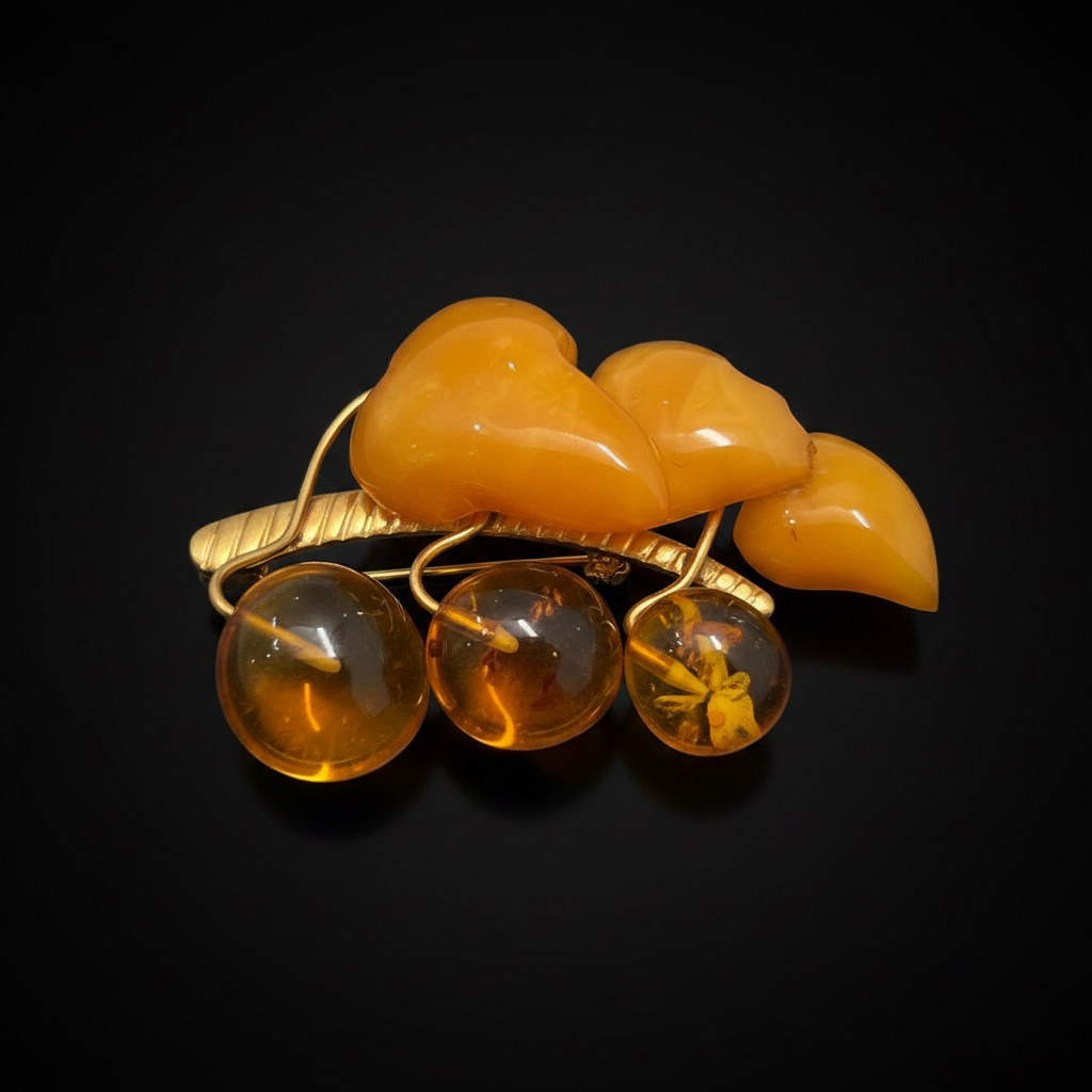 Vintage Baltic Amber Brooch — Carved Butterscotch Leaves & Amber Berries, Kaliningrad Amber Combine, USSR | KIZIMA® ли