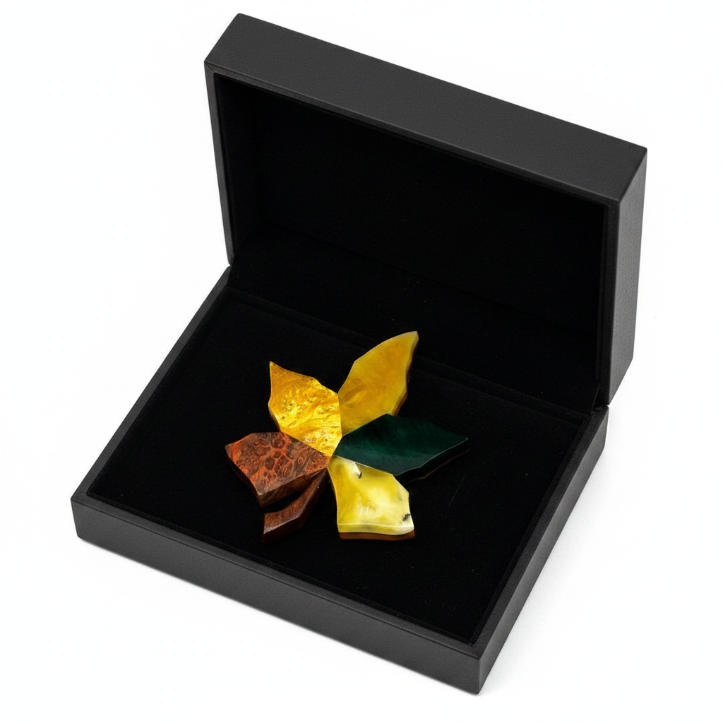 KIZIMA® Baltic amber & Karelian birch brooch — natural amber, made in USA, side view