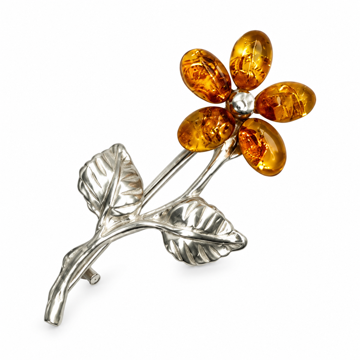 KIZIMA flower brooch with five cognac amber petals, silver-tone stem and two textured leaves on a white background.