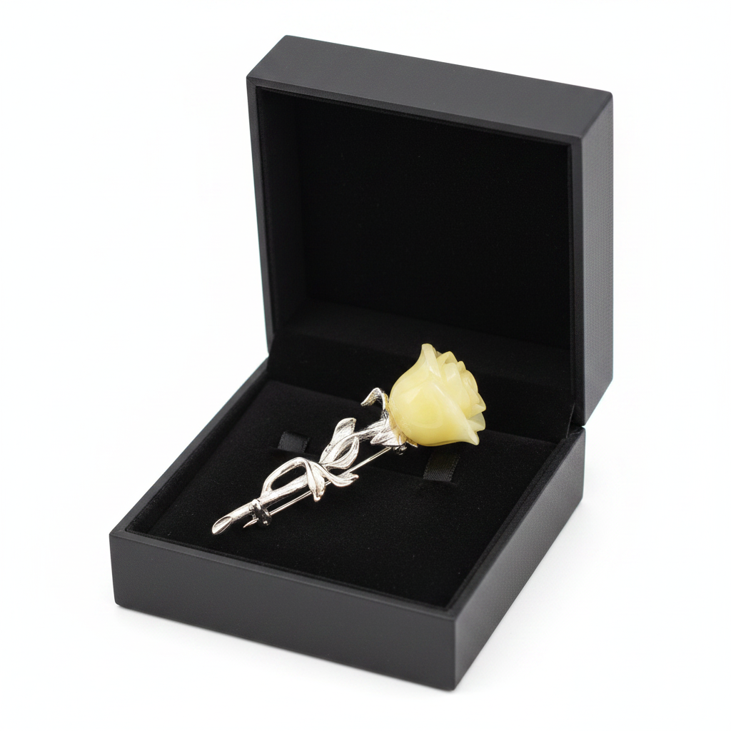 Baltic amber rose brooch — handcrafted in USA by KIZIMA®, close-up detail