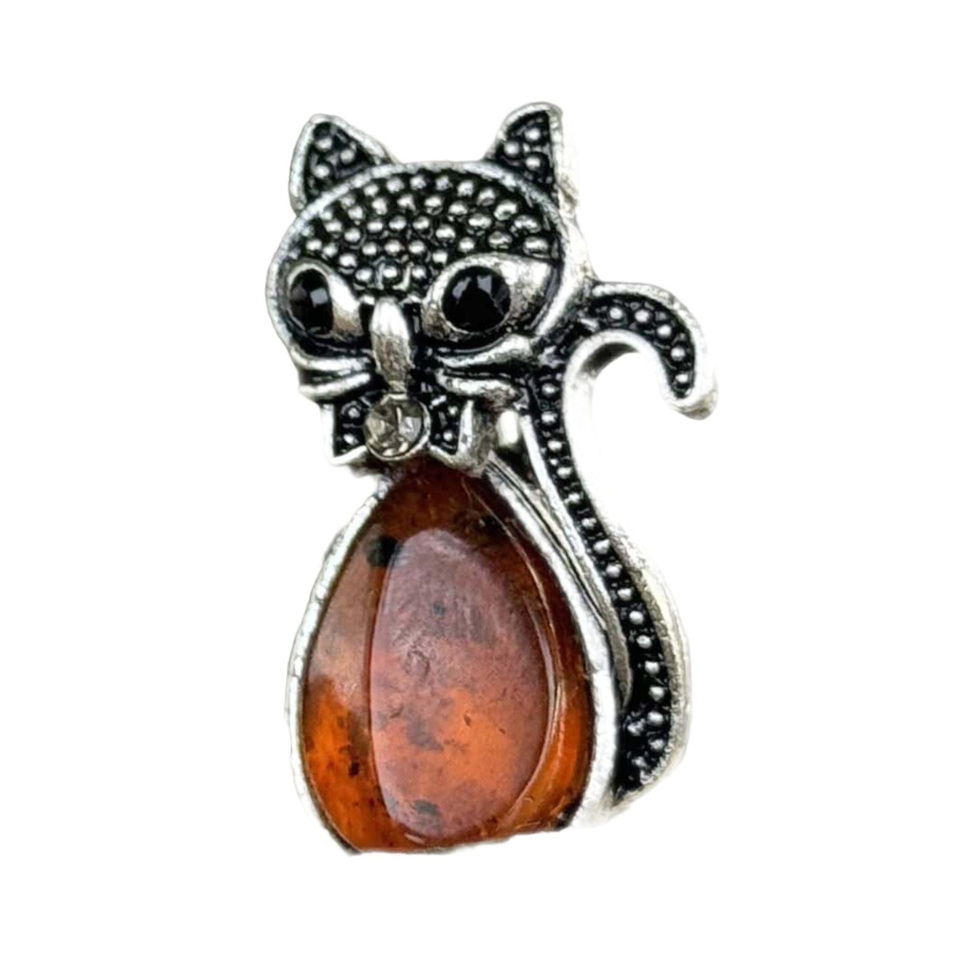 Handmade Baltic amber black cat brooch silver close-up
