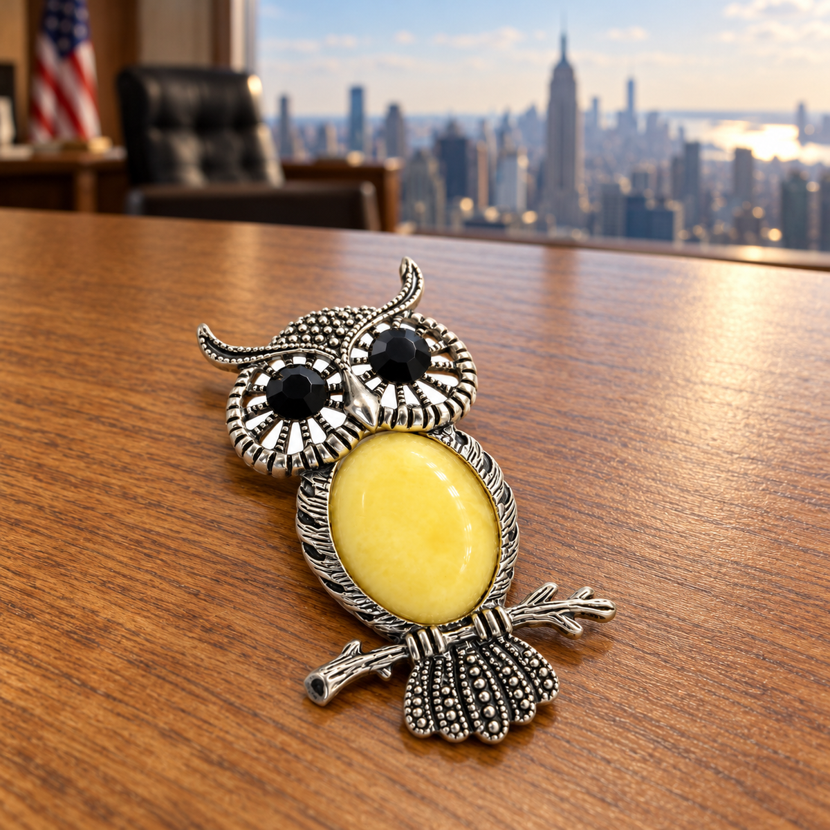KIZIMA amber owl brooch 20N0300, macro office still-life resting face-up on an oak desk with a softly blurred Manhattan office background.