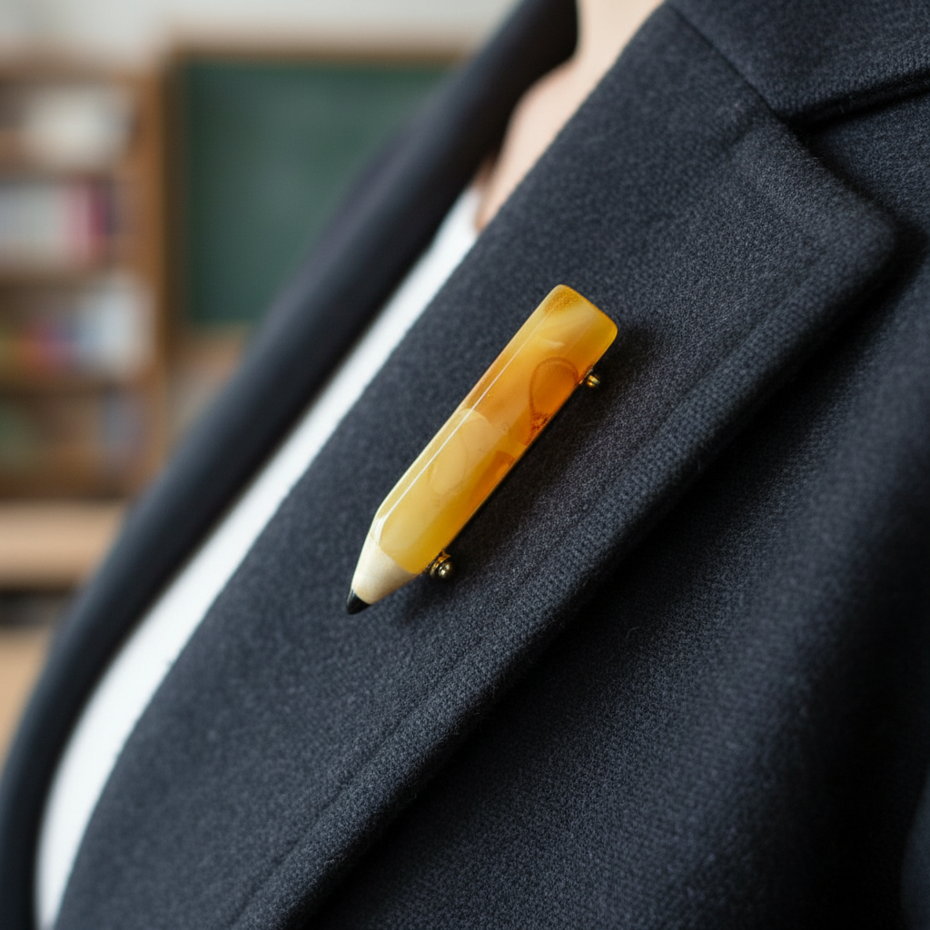 KIZIMA® amber pencil brooch — natural Baltic amber, made in USA, angled view