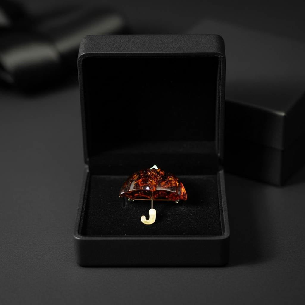 Baltic amber umbrella brooch — handcrafted in USA by KIZIMA®, close-up detail