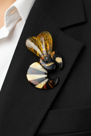 Amber miniature wasp brooch — genuine Baltic amber, handcrafted in USA by KIZIMA®, front view