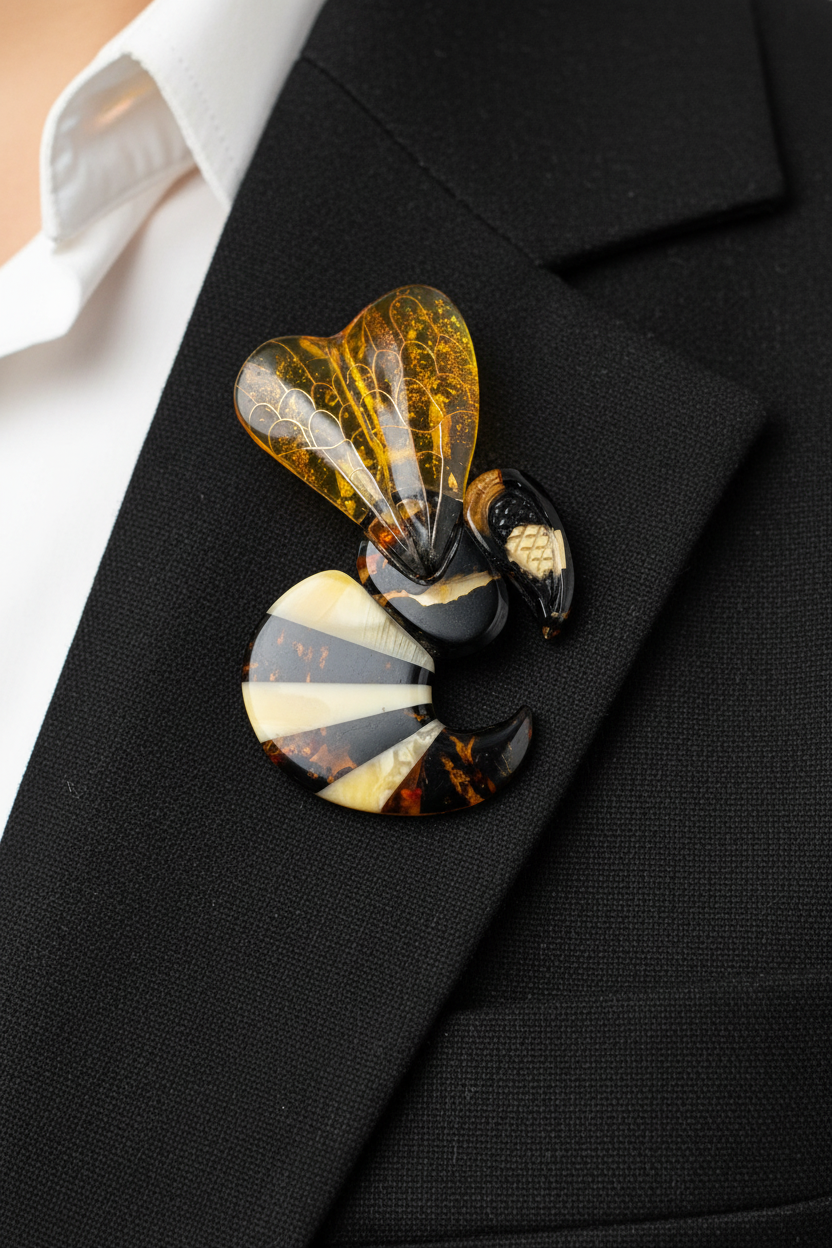 Amber miniature wasp brooch — genuine Baltic amber, handcrafted in USA by KIZIMA®, front view