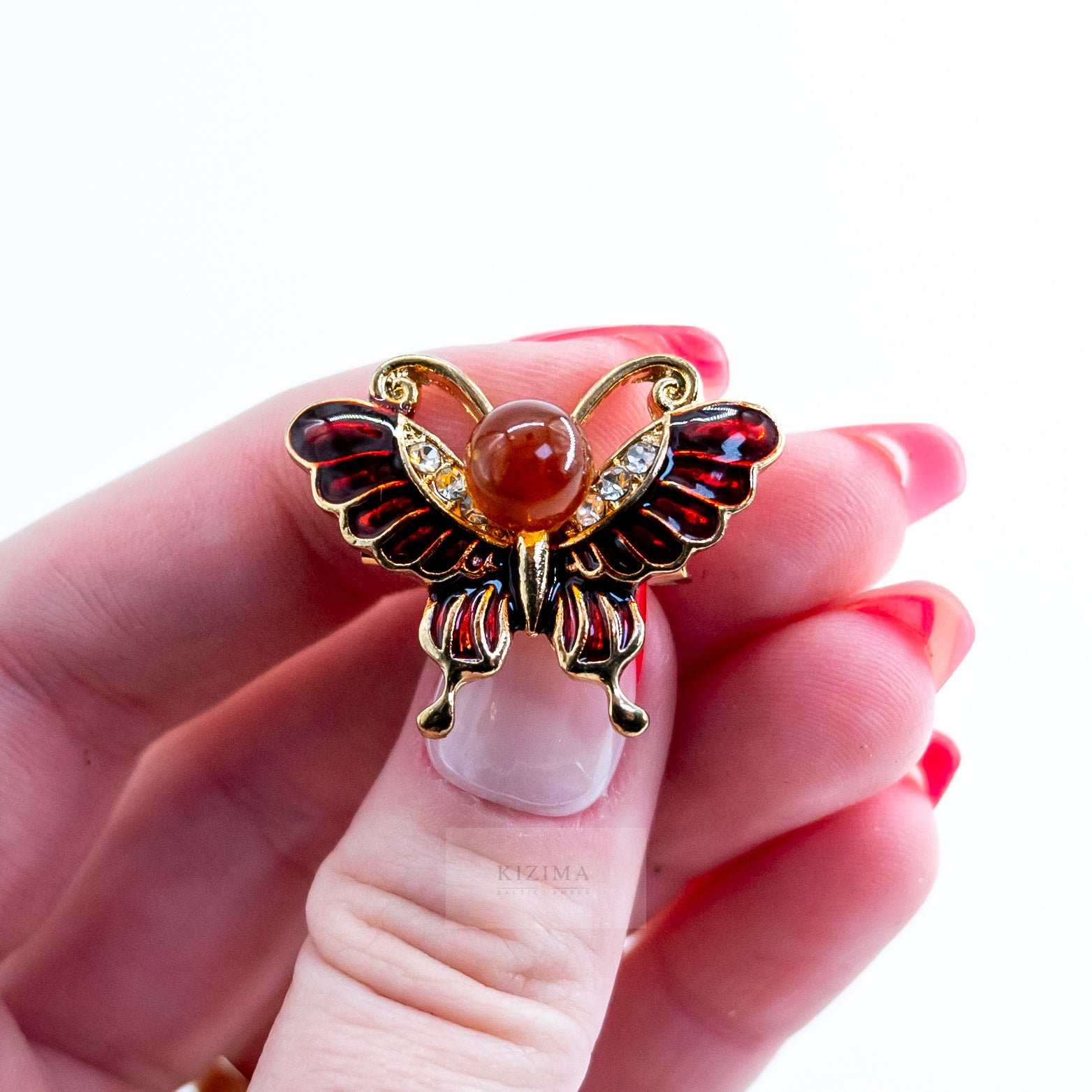 USA HANDMADE Natural Amber cherry butterfly Brooch Valentine's Day Gift KIZIMA