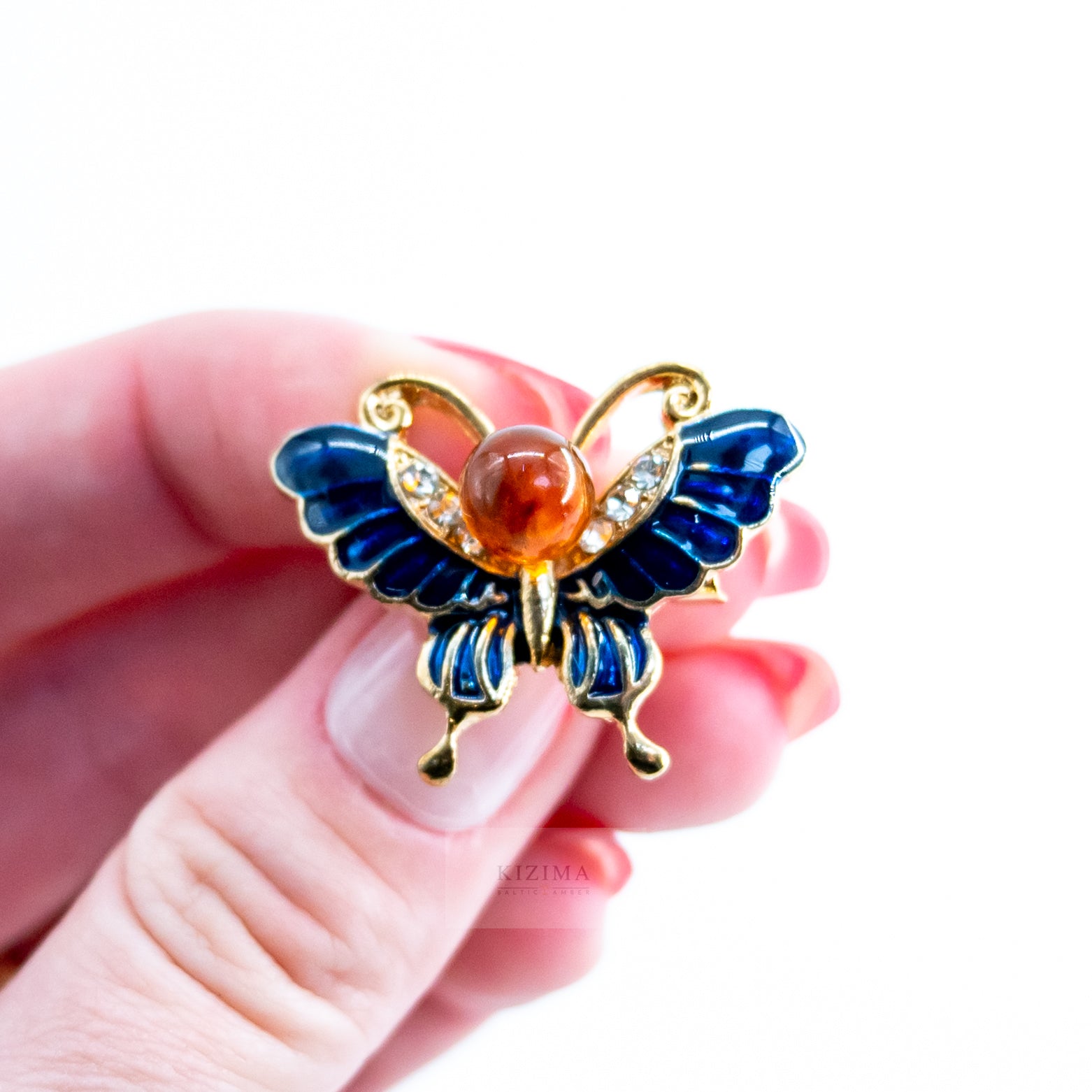 USA HANDMADE Natural Amber blue butterfly Brooch Valentine's Day Gift KIZIMA