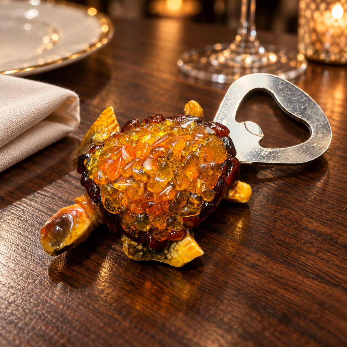 KIZIMA amber turtle bottle opener with a honey-colored mosaic shell and steel opener on a wooden restaurant table.