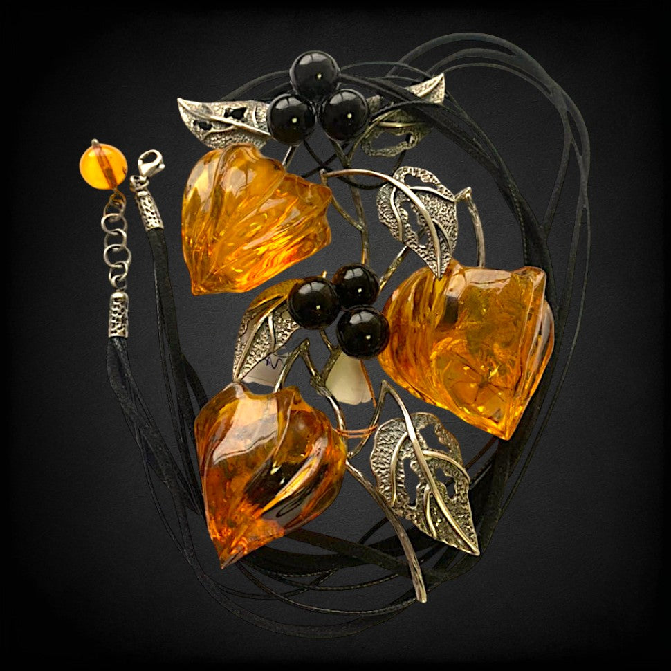 Handmade Baltic Amber Necklace with Silver – KIZIMA USA | Large Carved Amber Blossoms & Silver Leaves