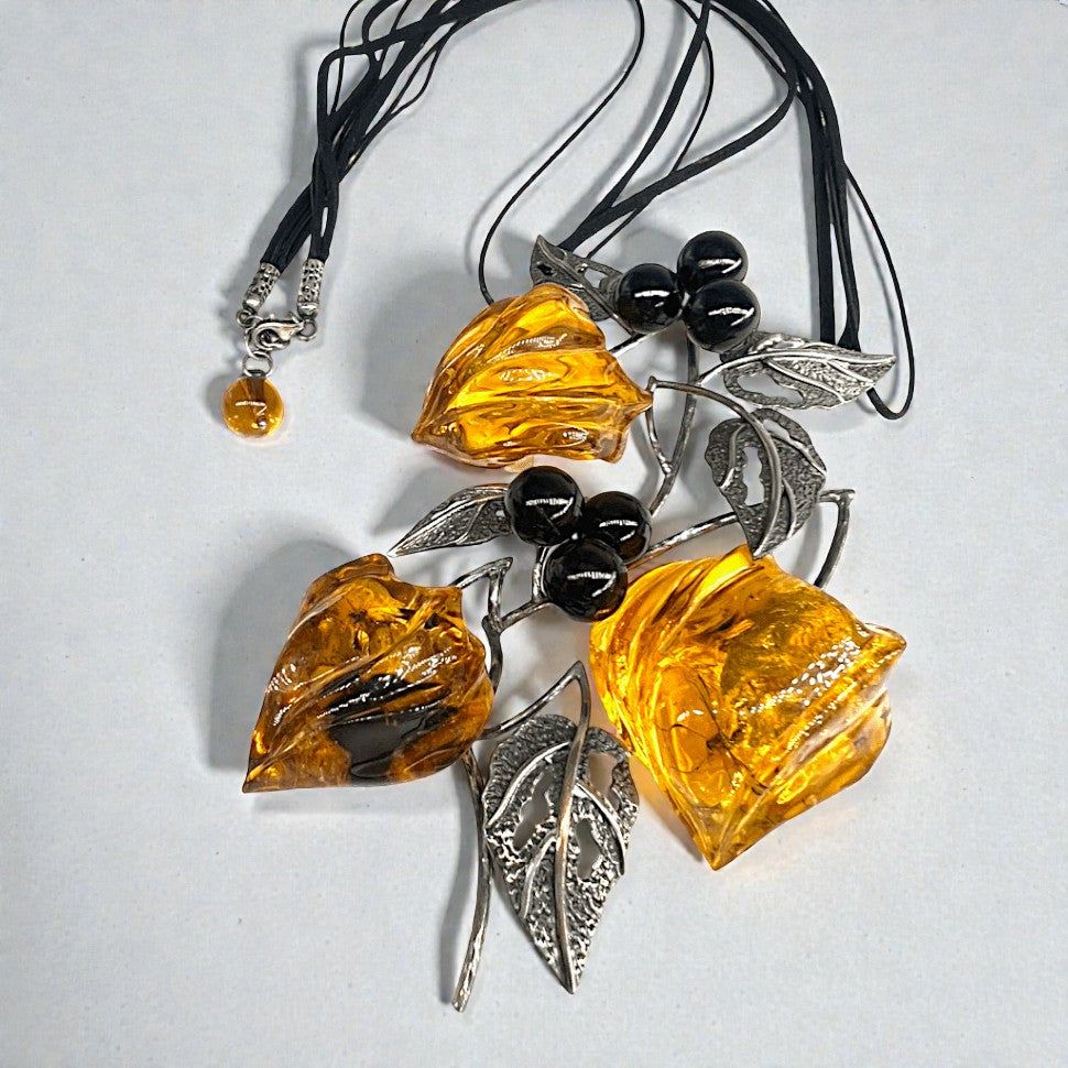 Handmade Baltic Amber Necklace with Silver – KIZIMA USA | Large Carved Amber Blossoms & Silver Leaves