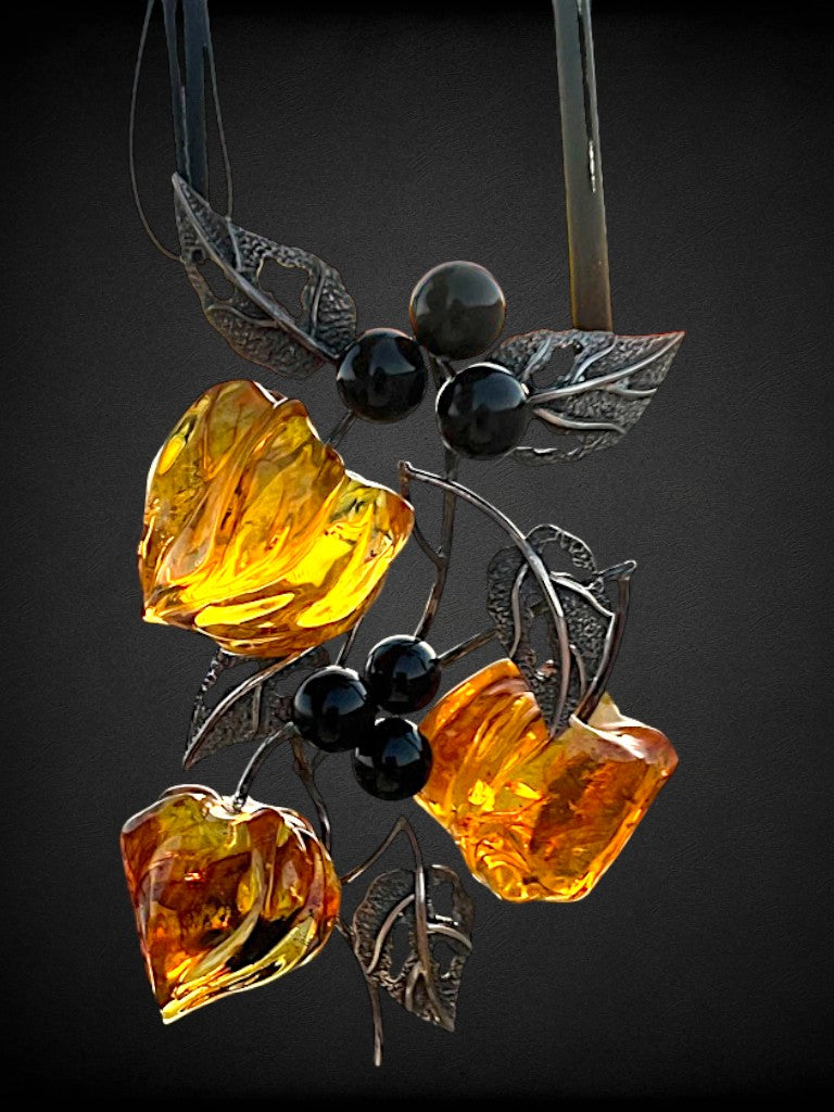 Handmade Baltic Amber Necklace with Silver – KIZIMA USA | Large Carved Amber Blossoms & Silver Leaves