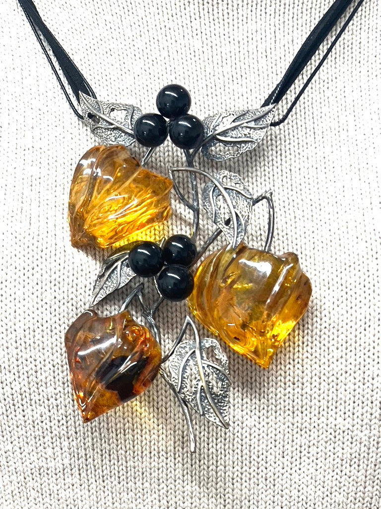 Handmade Baltic Amber Necklace with Silver – KIZIMA USA | Large Carved Amber Blossoms & Silver Leaves