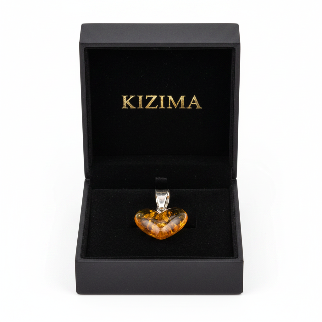 Heart pendant Baltic amber choker necklace by KIZIMA® — handmade in USA, detail view