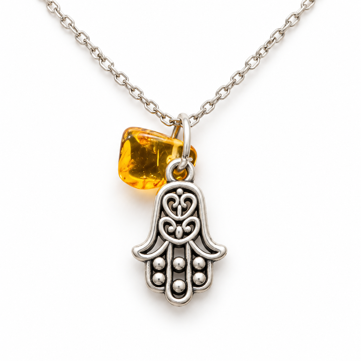 Made in USA Natural Baltic Amber Hamsa pendant necklace by KIZIMA® with 45 cm chain on white