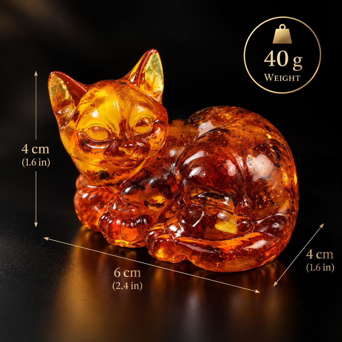 Made in USA Natural Baltic Amber Curled Cat Figurine by KIZIMA® — handmade amber cat sculpture, detail view