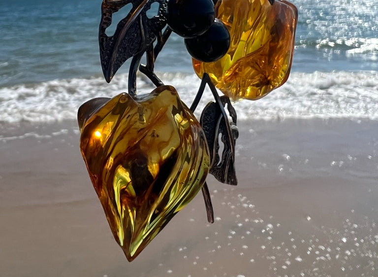 Handmade Baltic Amber Necklace with Silver – KIZIMA USA | Large Carved Amber Blossoms & Silver Leaves