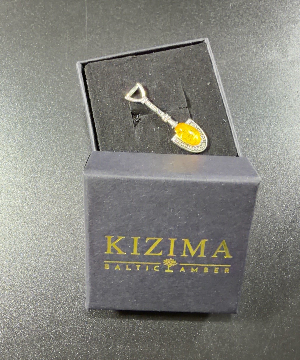 Original KIZIMA gift box with silver and Natural Baltic Amber money shovel amulet