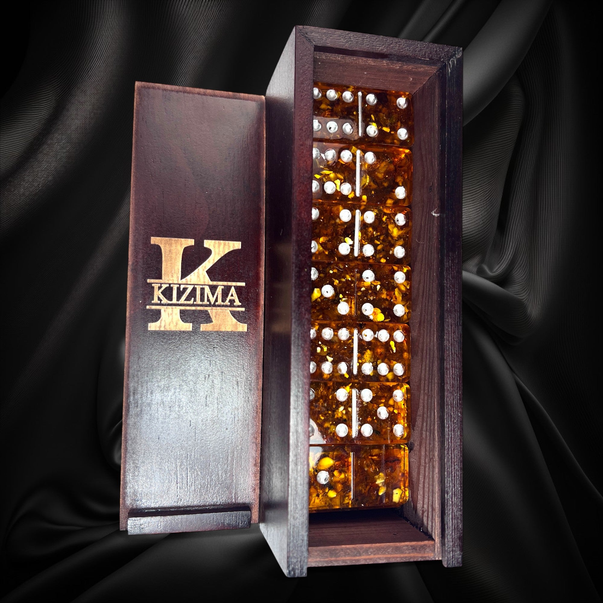 KIZIMA® Jeu de dominos de luxe ambre - Fabriqué aux USA Fait main Double 6