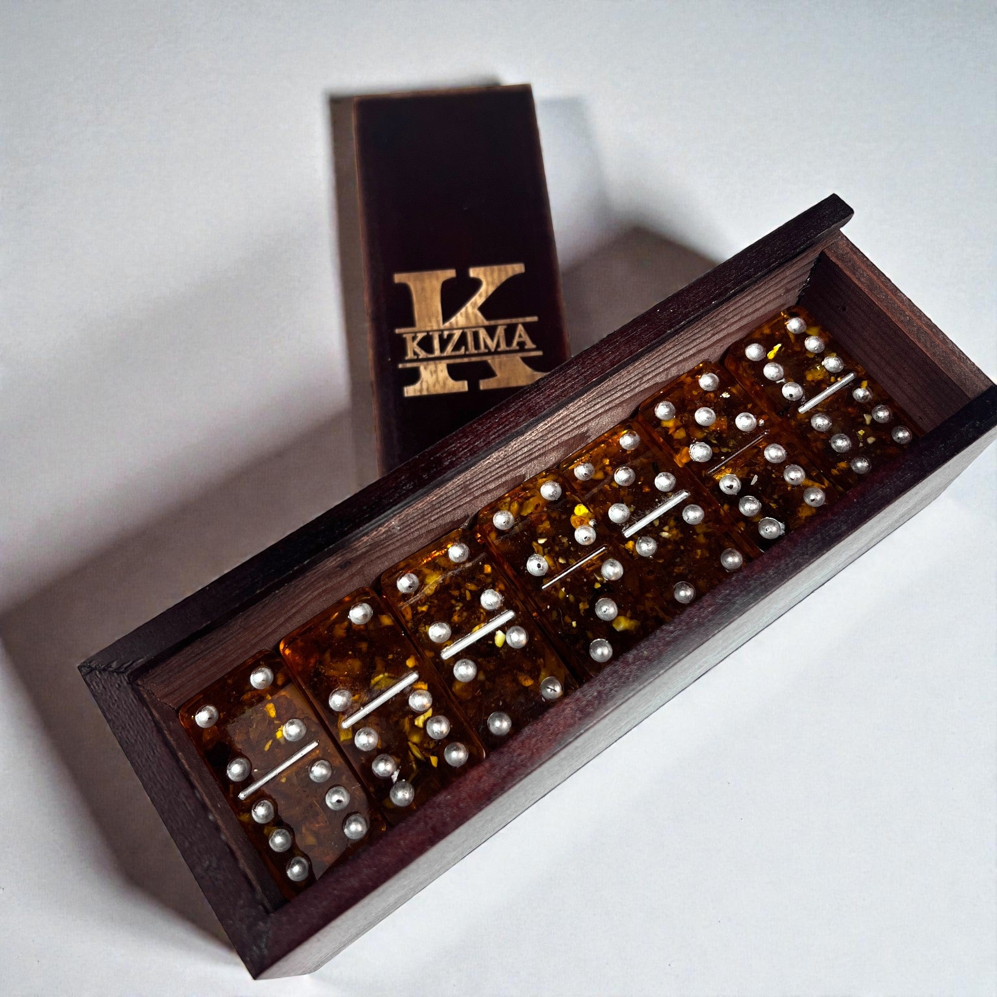 KIZIMA® Jeu de dominos de luxe ambre - Fabriqué aux USA Fait main Double 6