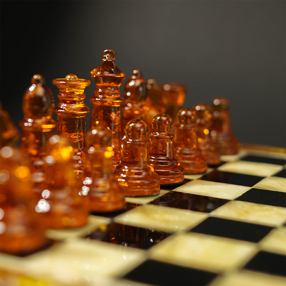 USA New York Exclusive Amber Chess Set — Handmade Baltic Amber Chess Pieces and Inlaid Board by KIZIMA