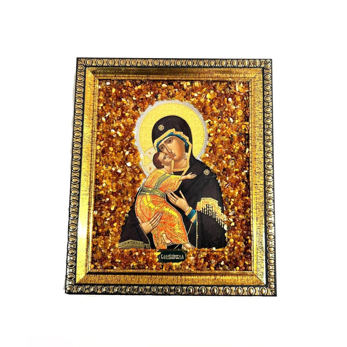 Icône orthodoxe en ambre, Notre-Dame de Vladimir – Fabriquée à la main aux États-Unis par KIZIMA