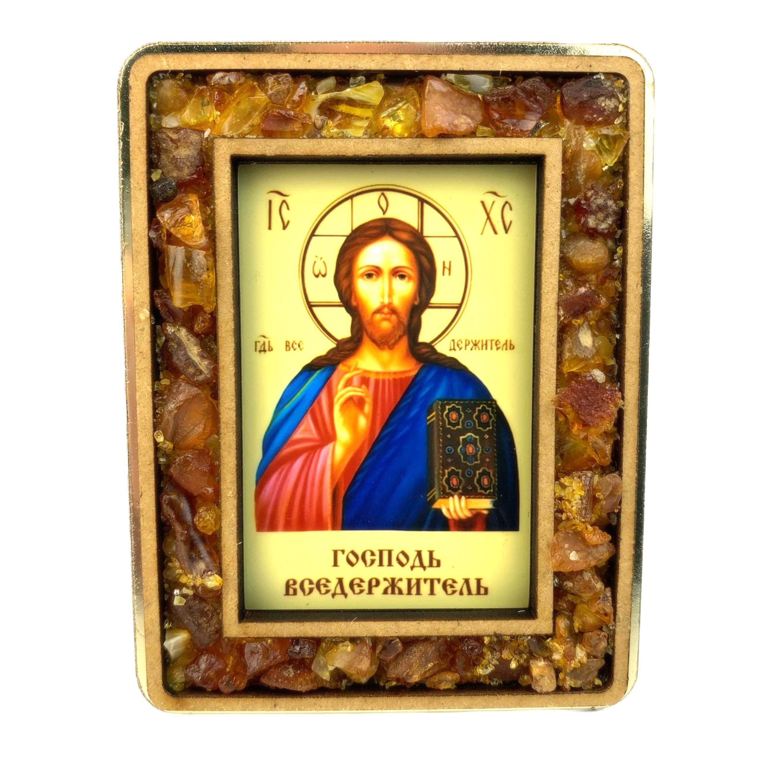 Икона Иисуса Христа — ручная работа, изготовлено в США из янтаря, православное христианское искусство, автор KIZIMA.