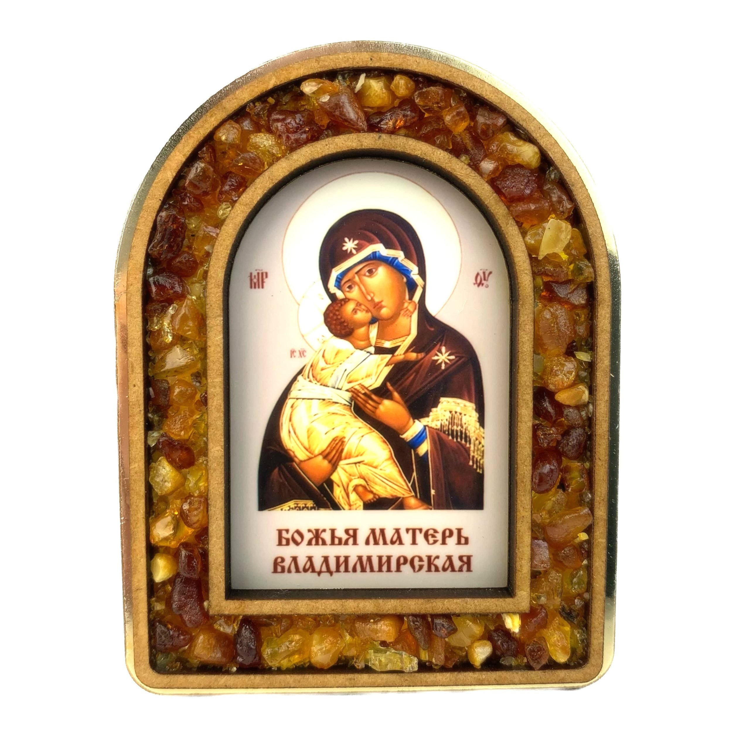 Icône orthodoxe en ambre, Notre-Dame de Vladimir – Fabriquée à la main aux États-Unis par KIZIMA