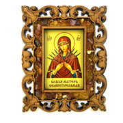 Made in USA natural Baltic amber Seven Arrows Virgin Mary icon — handmade Orthodox Softener of Evil Hearts icon by KIZIMA®, Brooklyn NY