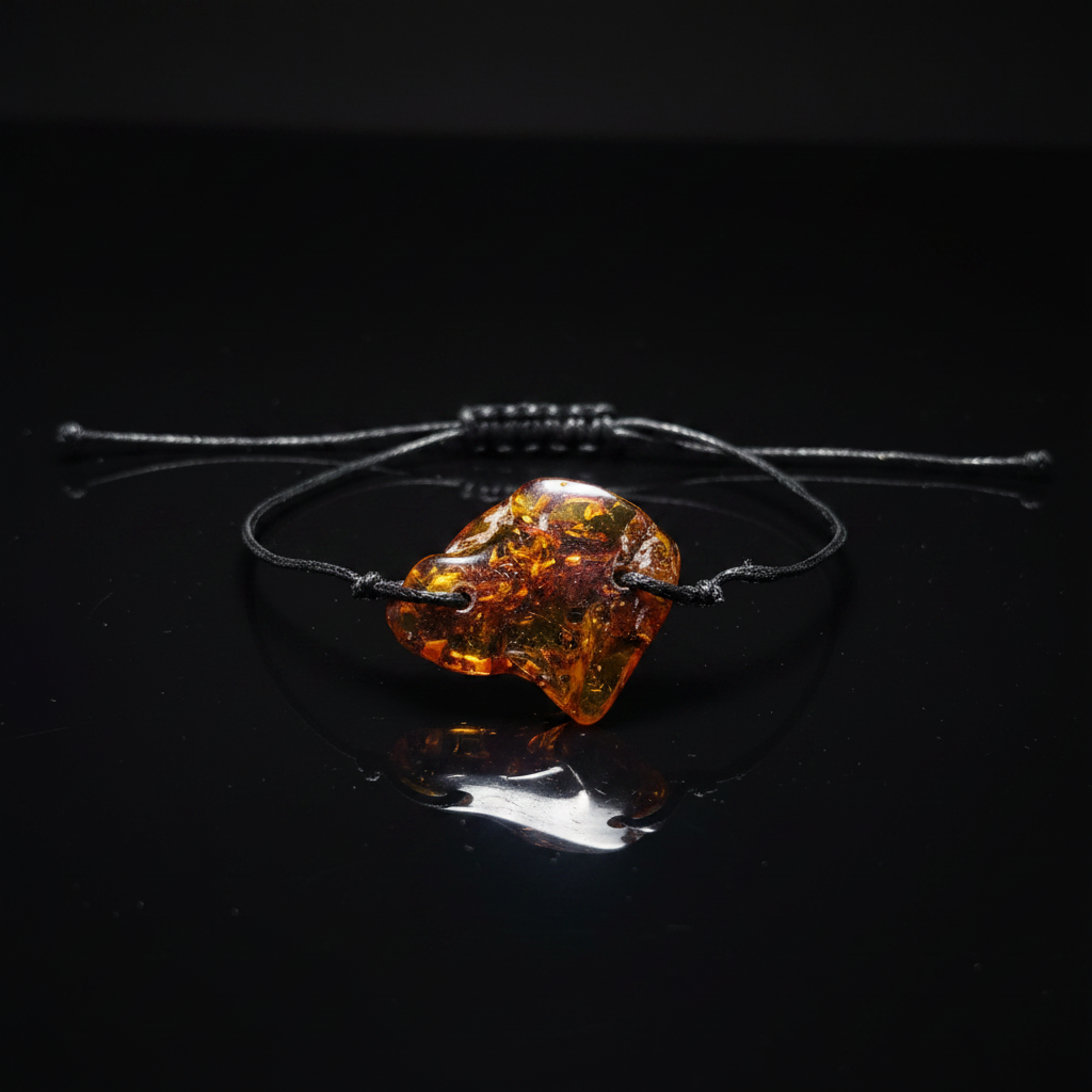 Adjustable amber bracelet on black cord by KIZIMA® — handmade in USA, additional view