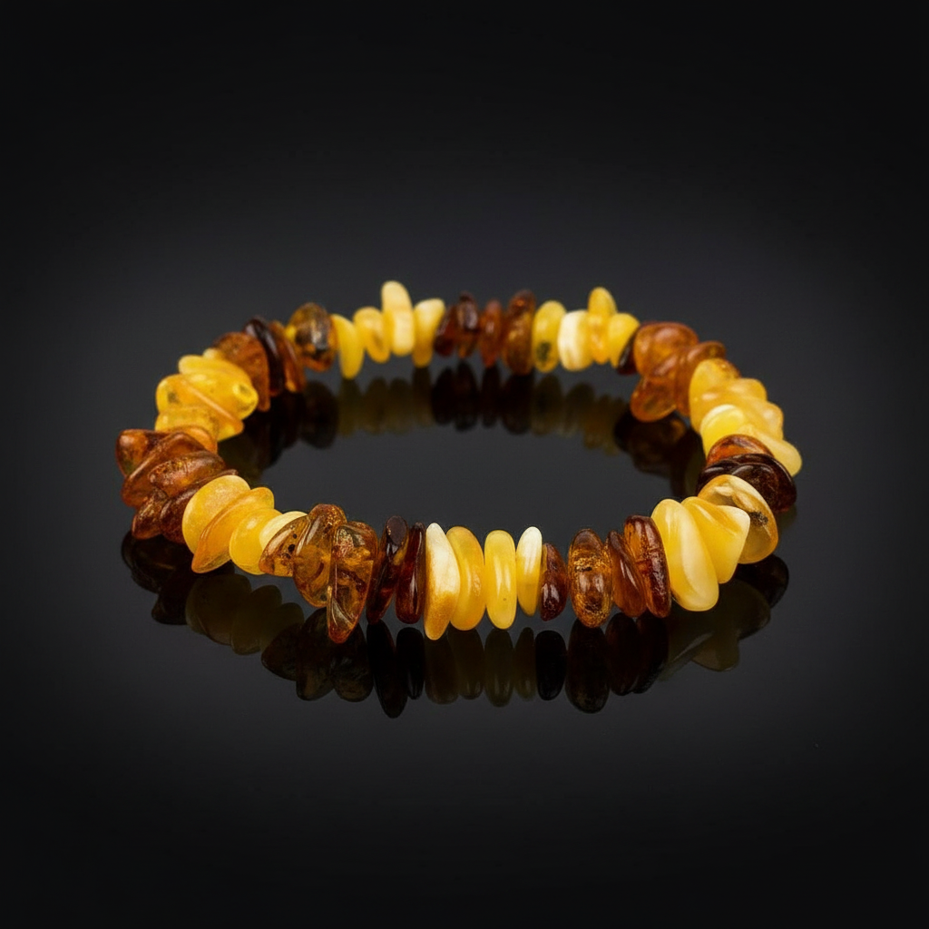 Lemon-cognac amber chip bracelet, unisex, by KIZIMA® — handmade in USA, detail view