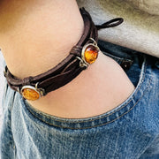Bracelet en cuir fait main aux États-Unis avec ambre, cadeau pour lui KIZIMA