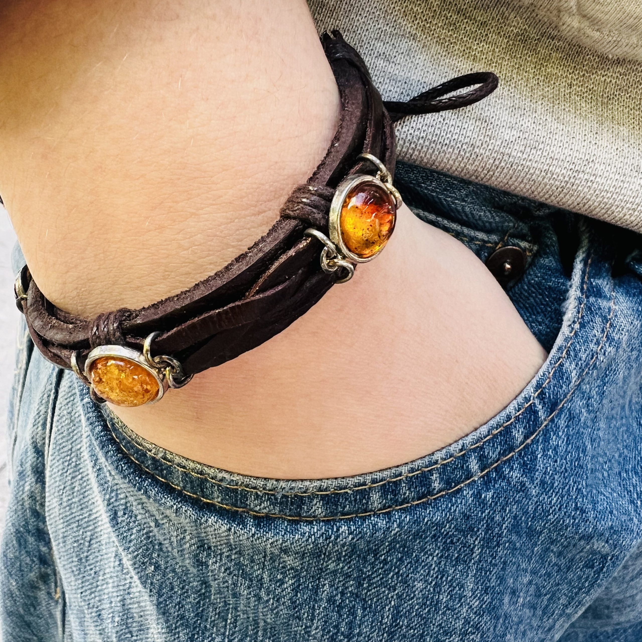 Bracelet en cuir fait main aux États-Unis avec ambre, cadeau pour lui KIZIMA
