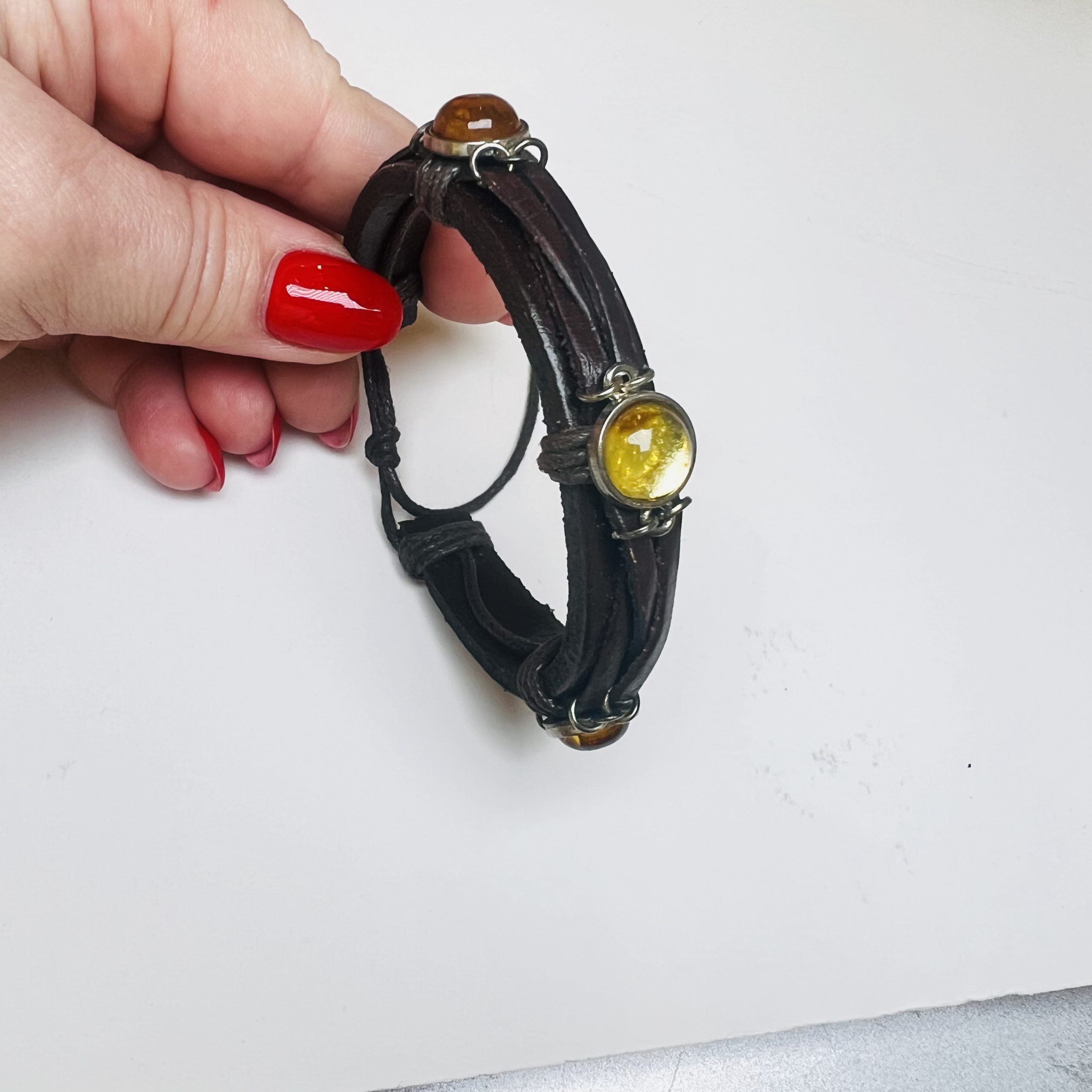 Bracelet en cuir fait main aux États-Unis avec ambre, cadeau pour lui KIZIMA